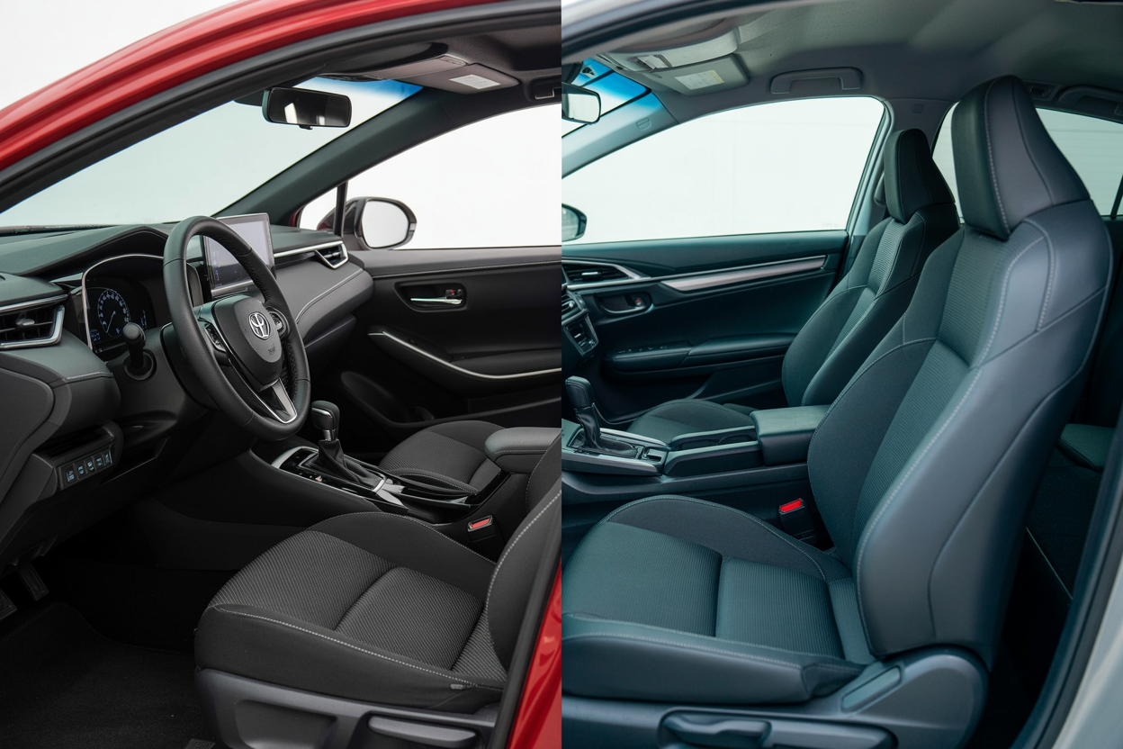 Create a realistic image of a split-screen comparison showing the interior and exterior design elements of two popular compact cars, with the left side displaying a modern Toyota Corolla's sleek dashboard, steering wheel, and fabric seats alongside its exterior front grille and headlights, and the right side showing a Honda Civic's contemporary interior dashboard, center console, and seating along with its distinctive exterior front fascia and LED headlights, both vehicles positioned in a clean automotive showroom environment with bright, even lighting that highlights the design details and craftsmanship of both interiors and exteriors, absolutely NO text should be in the scene.