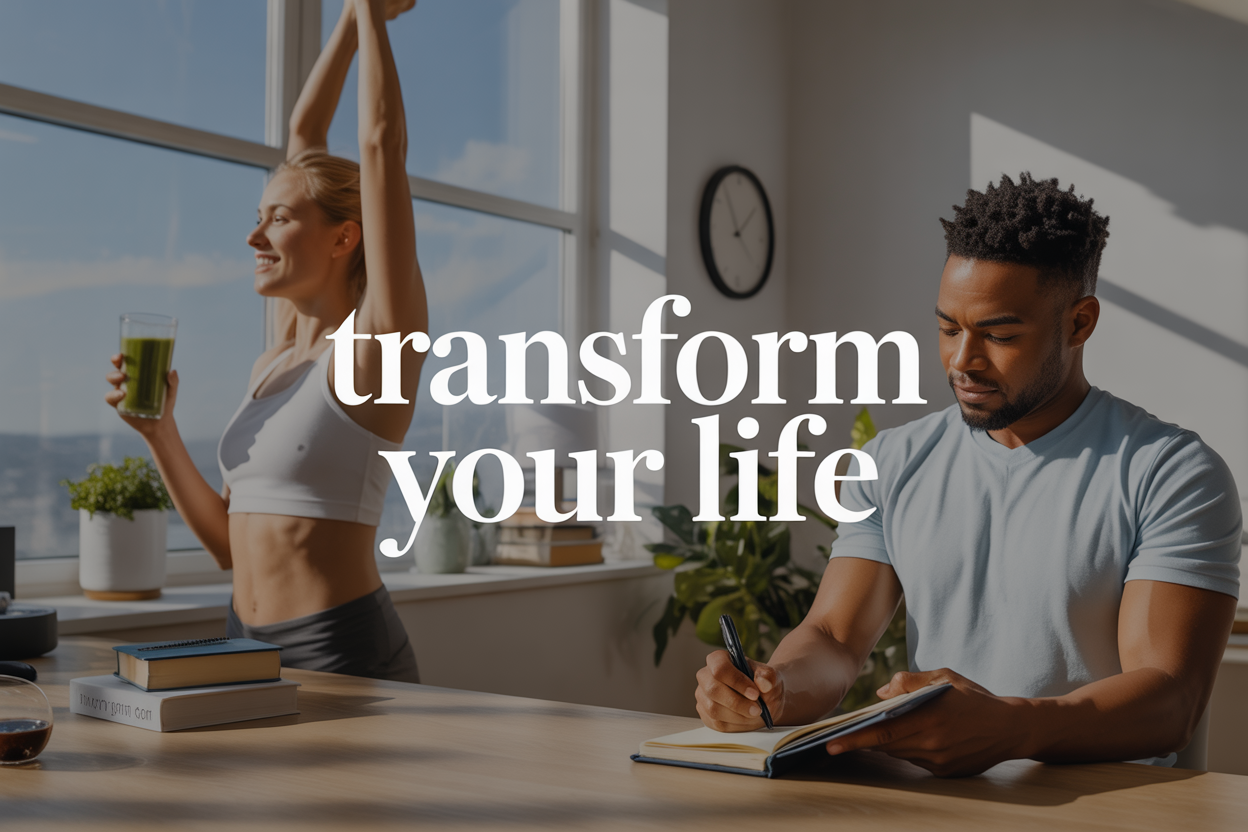 Create a realistic image of a diverse group showing a white female and black male in their 30s engaged in positive daily habits - the woman doing morning stretches by a bright window while holding a healthy smoothie, and the man writing in a journal at a clean wooden desk with plants nearby, soft natural lighting streaming through windows creating an uplifting atmosphere, modern minimalist home interior with motivational elements like books and a wall clock showing early morning time, include the text "Transform Your Life" prominently displayed in elegant modern typography overlaying the scene.