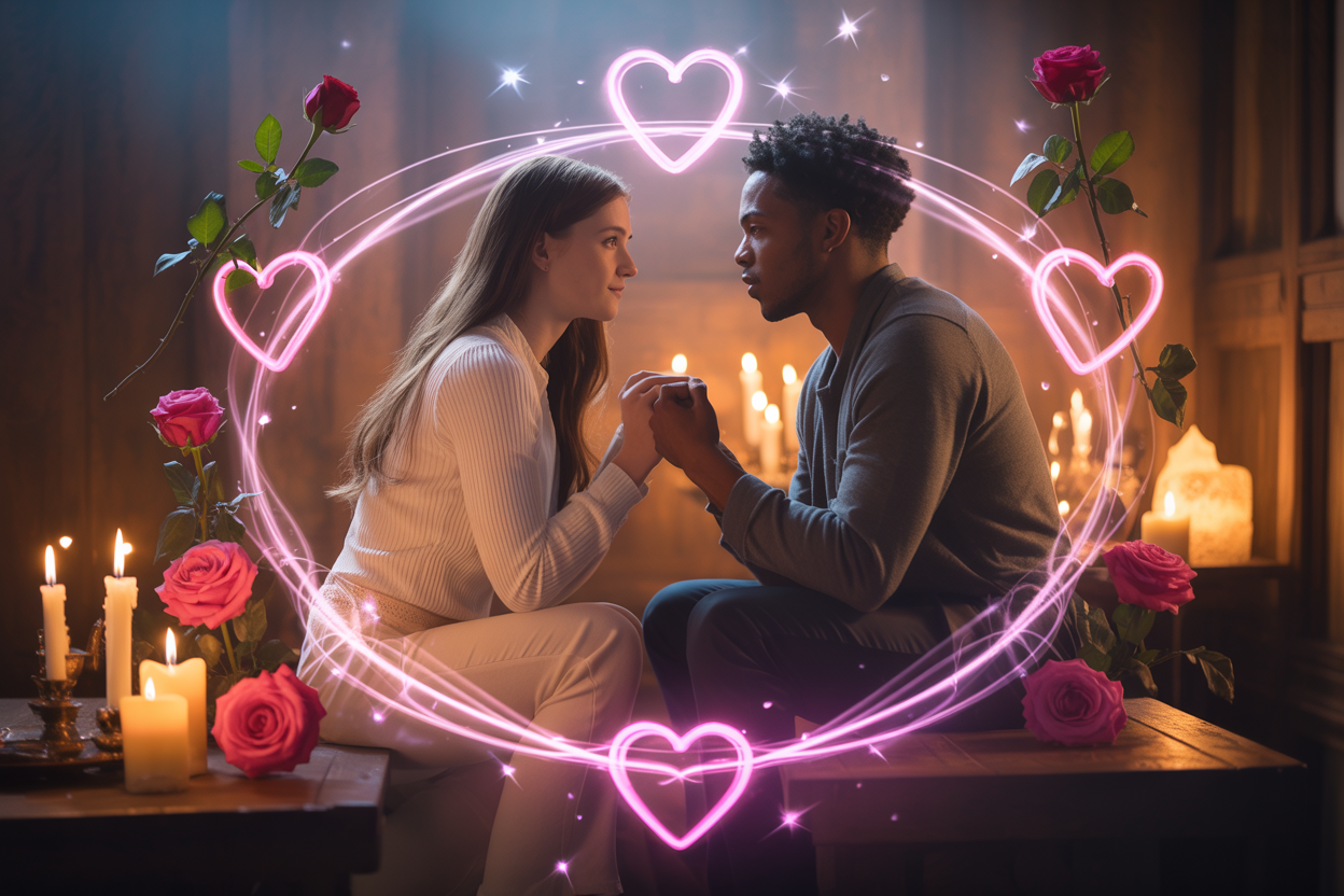 Create a realistic image of mystical signs and magical symbols manifesting around a romantic couple, featuring a white female and black male holding hands while sitting together, surrounded by soft glowing pink and purple energy wisps, floating heart-shaped light particles, blooming red roses appearing magically around them, flickering candles with dancing flames, ancient magical symbols subtly glowing in the air, warm golden lighting creating an enchanted atmosphere in a dimly lit intimate setting, with sparkles and ethereal mist suggesting supernatural forces at work, absolutely NO text should be in the scene.
