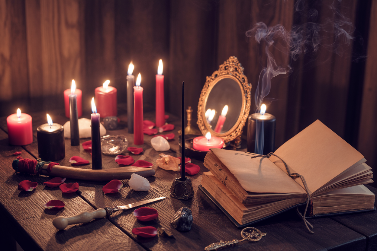 Create a realistic image of a mystical ritual setup on a dark wooden table featuring lit black and red candles arranged in a circle, scattered rose petals, crystals, a small ornate mirror, an open leather-bound book with aged pages, burning incense creating wisps of smoke, and ritual tools like a small ceremonial knife and wooden wand, all illuminated by warm candlelight against a dimly lit background with deep shadows, creating an intimate and mystical atmosphere, absolutely NO text should be in the scene.
