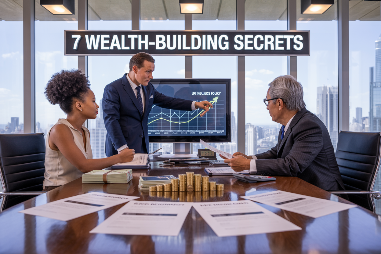 Create a realistic image of a modern financial planning office with a polished wooden desk displaying multiple documents labeled "Life Insurance Policy," stacks of cash, gold coins, and a calculator, with a diverse group including a middle-aged white male financial advisor in a navy suit pointing to charts showing upward growth trends on a wall-mounted screen, a young black female client taking notes, and an elderly Asian male client reviewing documents, all set against a backdrop of floor-to-ceiling windows overlooking a city skyline, with warm professional lighting and the text "7 Wealth-Building Secrets" prominently displayed on a sleek banner above the scene. Create a realistic image of a modern financial planning office with a polished wooden desk displaying multiple documents labeled "Life Insurance Policy," stacks of cash, gold coins, and a calculator, with a diverse group including a middle-aged white male financial advisor in a navy suit pointing to charts showing upward growth trends on a wall-mounted screen, a young black female client taking notes, and an elderly Asian male client reviewing documents, all set against a backdrop of floor-to-ceiling windows overlooking a city skyline, with warm professional lighting and the text "7 Wealth-Building Secrets" prominently displayed on a sleek banner above the scene.