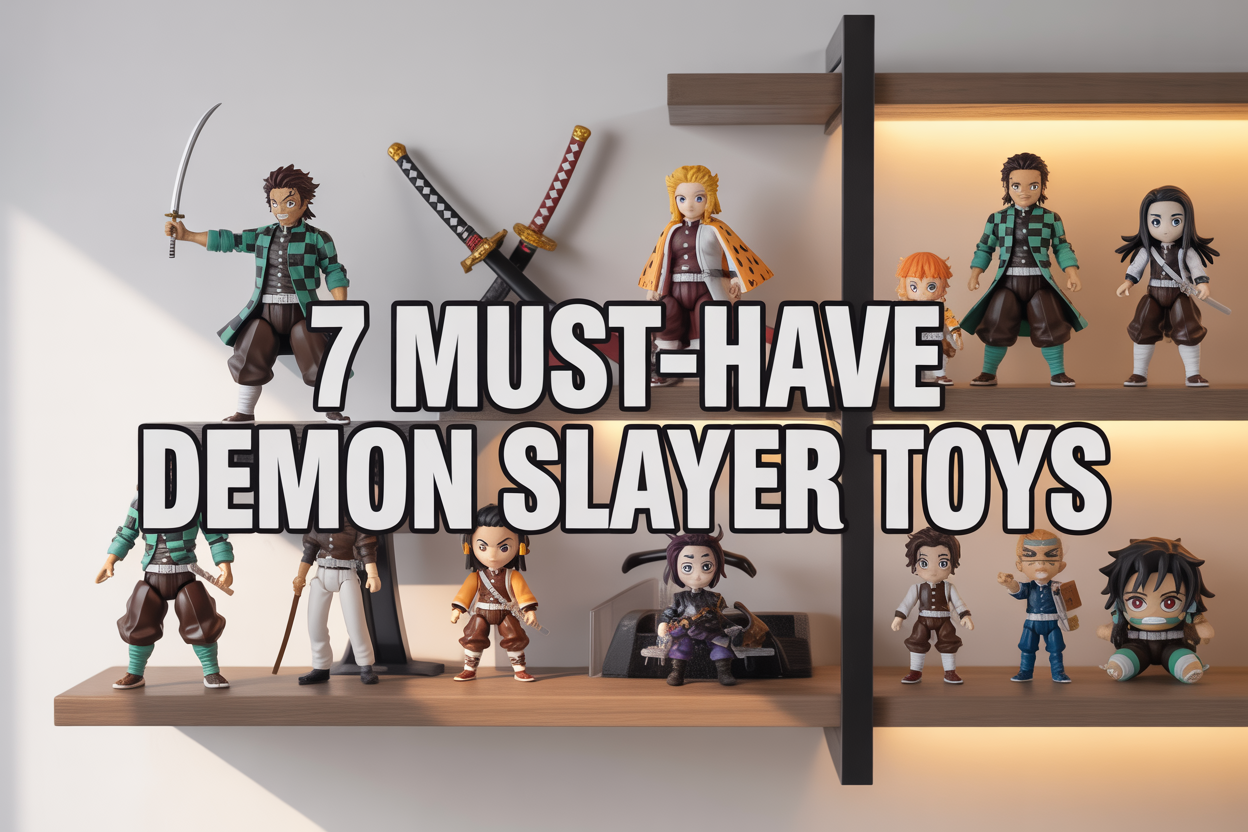 Create a realistic image of a dynamic display showcasing various Demon Slayer toys including detailed action figures of main characters, miniature replica katana swords, colorful plush versions of popular characters, and collectible model kits arranged on a modern wooden shelf against a clean white background with warm studio lighting, featuring the text "7 Must-Have Demon Slayer Toys" prominently displayed in bold anime-style font across the center of the image.