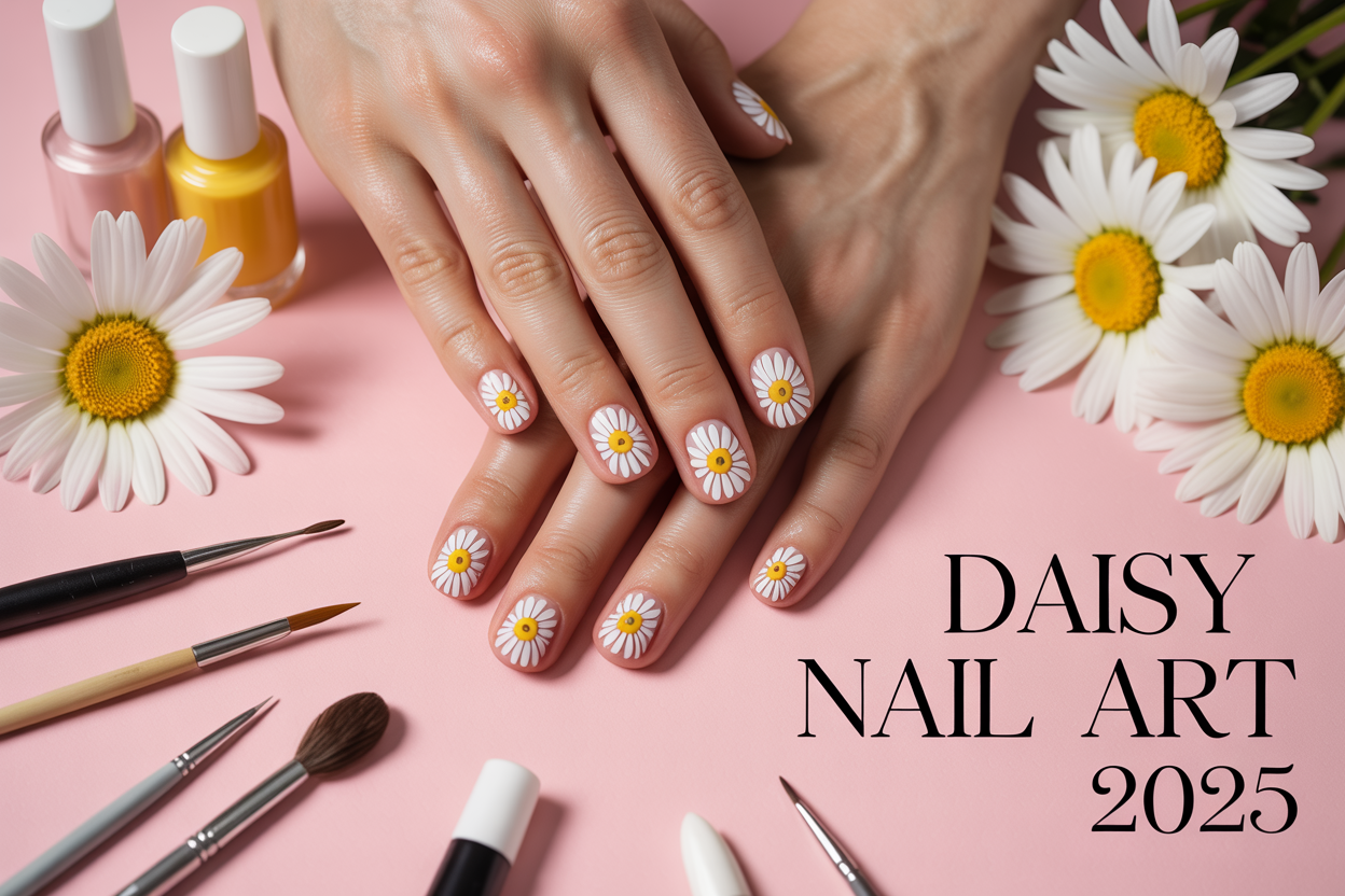 Create a realistic image of perfectly manicured hands with bright daisy nail art designs featuring white petals and yellow centers on a pastel pink background, surrounded by fresh white daisies, nail art tools including dotting tools and brushes, and bottles of white and yellow nail polish, with soft natural lighting and the text "Daisy Nail Art 2025" elegantly displayed in modern typography.