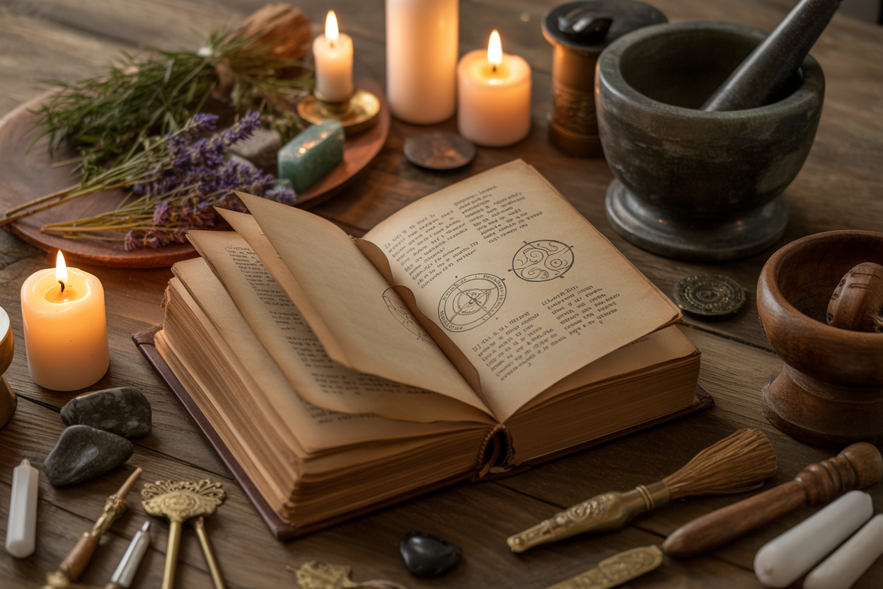 Create a realistic image of an open ancient leather-bound book with visible pages showing various mystical symbols, herbs, crystals, and traditional ritual tools like candles and a mortar and pestle arranged around it on a wooden table, with soft warm lighting creating gentle shadows, representing the diverse interpretations and practices associated with witchcraft throughout history, absolutely NO text should be in the scene.