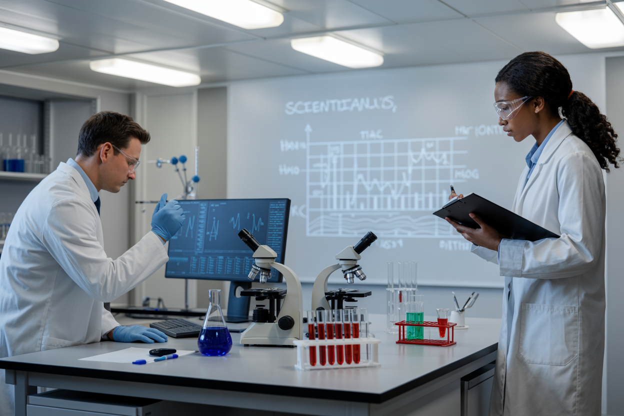 Create a realistic image of a modern scientific laboratory with microscopes, test tubes, and research equipment on clean white tables, featuring a white male scientist in a lab coat examining data on a computer screen while a black female researcher takes notes on a clipboard, with skeptical analysis charts and graphs visible on a whiteboard in the background, bright fluorescent lighting creating a clinical atmosphere, conveying objective scientific inquiry and rational analysis. Absolutely NO text should be in the scene.