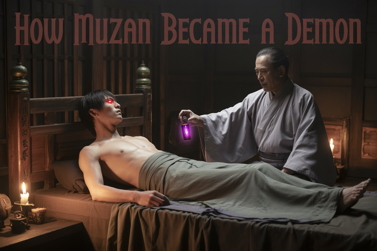 Create a realistic image of a young Japanese male with pale skin lying on a traditional wooden bed in a dimly lit ancient Japanese room, with an elderly Japanese male doctor in traditional robes administering glowing purple medicine from a vial, dark shadows creeping across the walls suggesting an ominous transformation, with the text "How Muzan Became a Demon" overlaid in gothic red lettering, atmospheric candlelight casting eerie shadows, and subtle demonic red eyes beginning to glow in the patient's face.