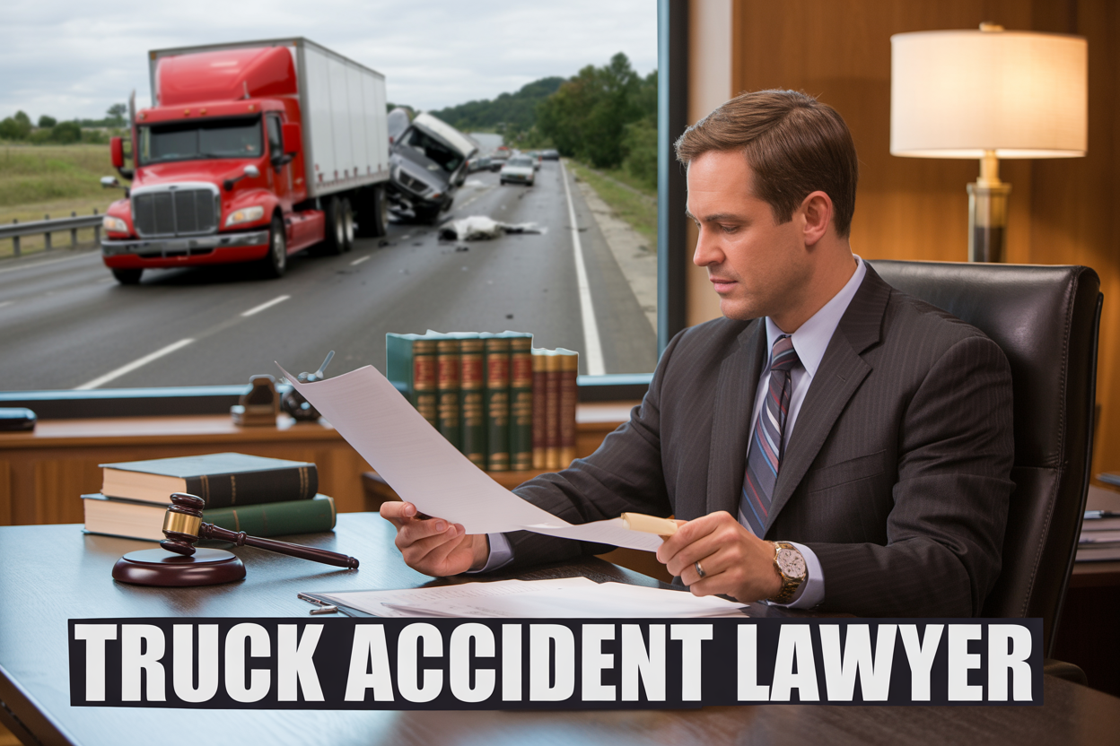 Create a realistic image of a professional white male lawyer in a dark business suit sitting at a modern office desk reviewing legal documents, with a large semi-truck accident scene visible through the office window behind him showing damaged vehicles on a highway, complemented by law books and a gavel on the desk, warm office lighting creating a trustworthy atmosphere, with the text "TRUCK ACCIDENT LAWYER" prominently displayed at the bottom of the image in bold white letters with a subtle shadow effect.