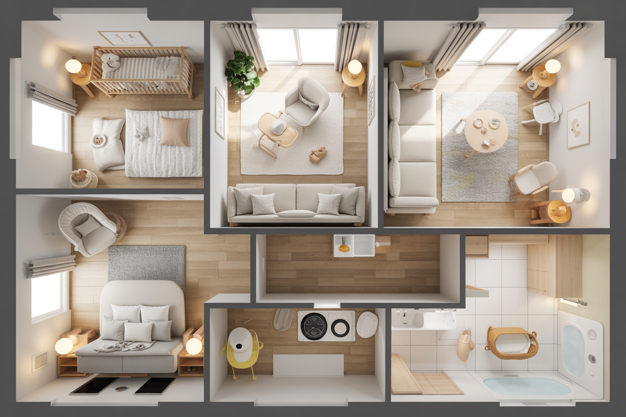 Create a realistic image of a modern home floor plan layout showing different rooms with baby gear items strategically placed in each space, including a nursery with a crib and changing table, living room with baby swing and play mat, kitchen with high chair and bottle warmer, bedroom with bassinet, and bathroom with baby bathtub, all items are neatly organized and color-coordinated in soft pastel tones, bright natural lighting illuminating the clean and organized spaces, overhead perspective view showing the thoughtful placement and planning of baby essentials throughout the home, Absolutely NO text should be in the scene.