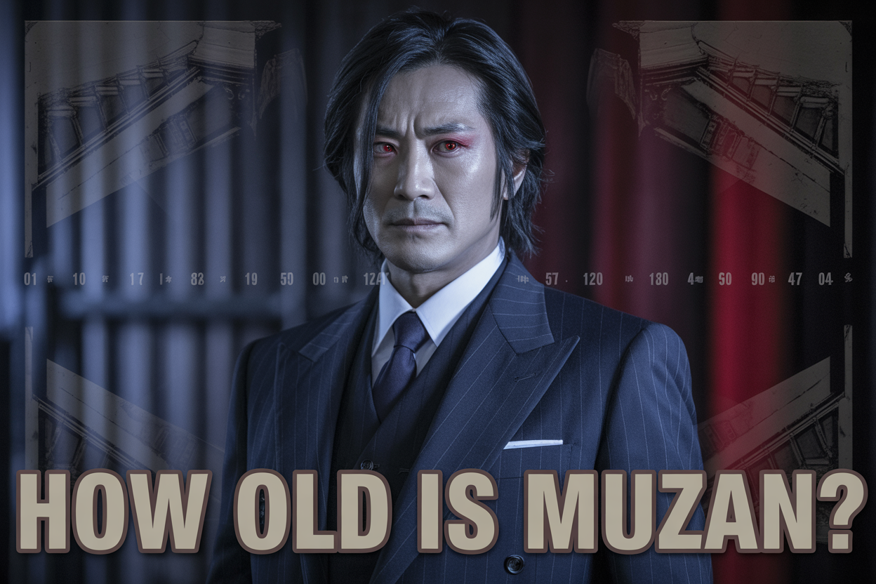 Create a realistic image of Muzan Kibutsuji, a pale Japanese male with dark hair and red eyes, wearing a formal dark suit, standing in a shadowy atmospheric setting with ancient Japanese architectural elements in the background, subtle timeline imagery showing centuries passing, dramatic lighting with deep shadows and crimson accents, conveying an ageless and menacing presence, with the text "How Old Is Muzan?" prominently displayed in bold gothic lettering.