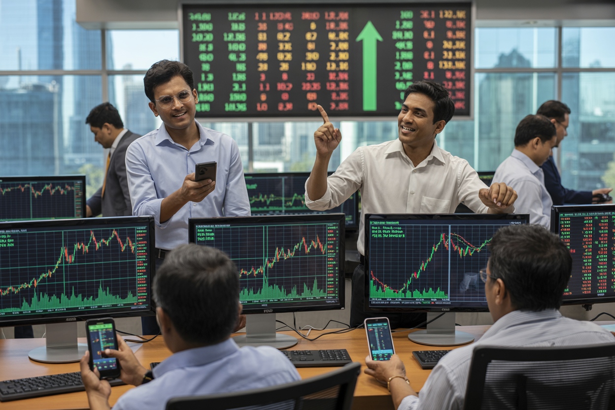 Create a realistic image of a modern trading floor with multiple computer monitors displaying green upward-trending stock charts and graphs, Indian male and female traders in business attire looking optimistic while analyzing financial data, smartphones showing positive market notifications, a large digital display board in the background showing stock prices with green arrows pointing upward, professional office environment with glass windows and city skyline visible, bright natural lighting creating an atmosphere of positive market sentiment and financial growth, absolutely NO text should be in the scene.
