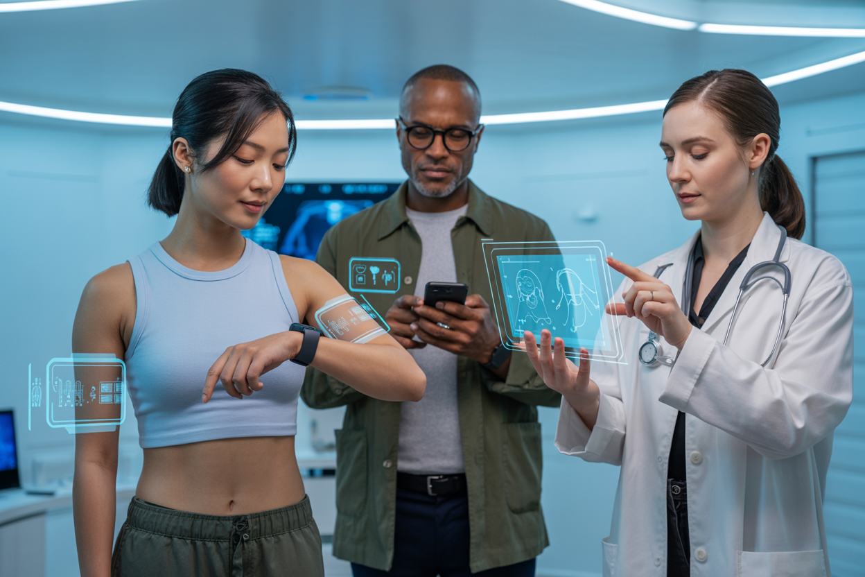 Create a realistic image of a diverse group of people using advanced AI-powered health monitoring devices in a modern, clean medical or wellness setting, featuring a young Asian female wearing a sleek smartwatch checking her health metrics, a middle-aged Black male holding a smartphone displaying health analytics, and a white female doctor or health professional observing holographic health data displays floating in the air, with futuristic medical monitoring equipment, digital health sensors, and ambient blue LED lighting creating a high-tech atmosphere, absolutely NO text should be in the scene.