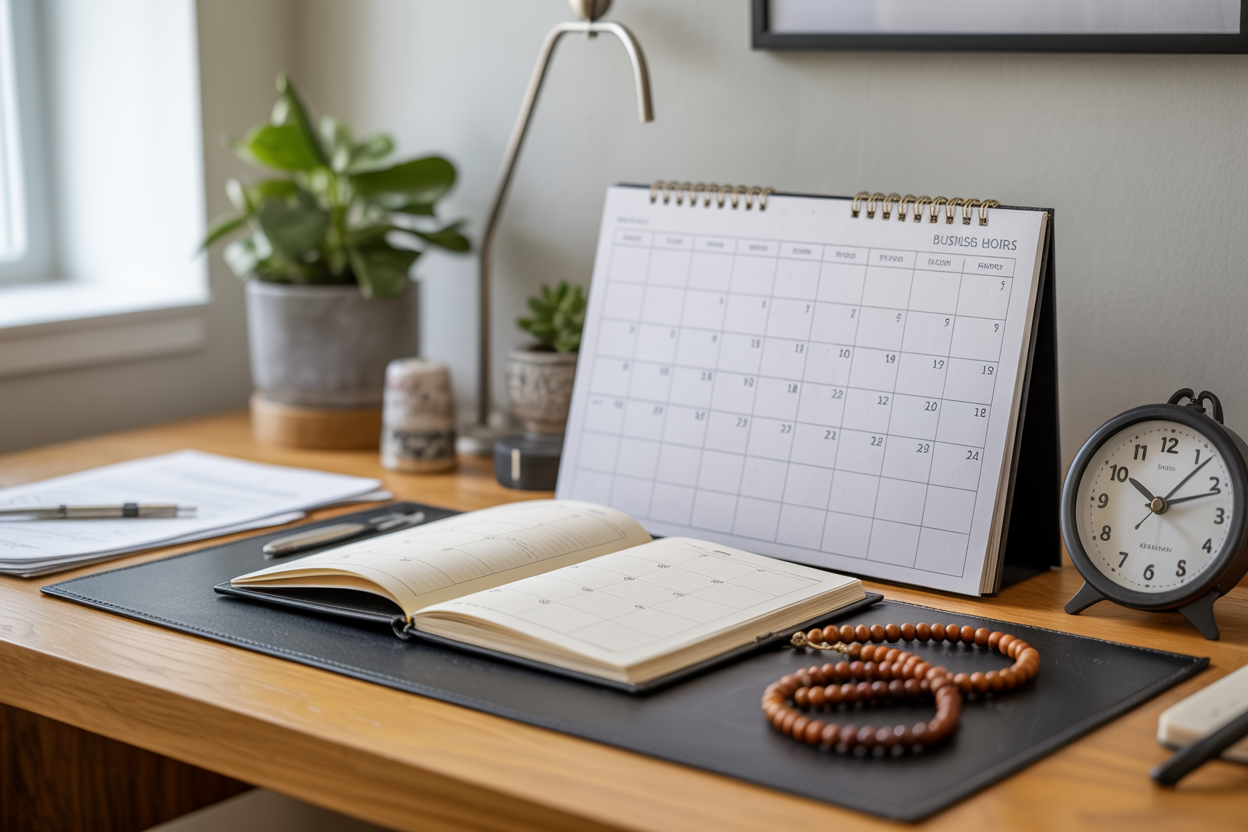 Create a realistic image of a modern office desk with a neatly organized workspace featuring an open planner or calendar showing scheduled time blocks, a wall clock displaying business hours, prayer beads or a small prayer rug placed respectfully on the desk corner, a laptop computer, professional documents, and a peaceful potted plant, with soft natural lighting from a window creating a calm and balanced atmosphere that represents harmonious integration of work and spiritual practice, absolutely NO text should be in the scene.