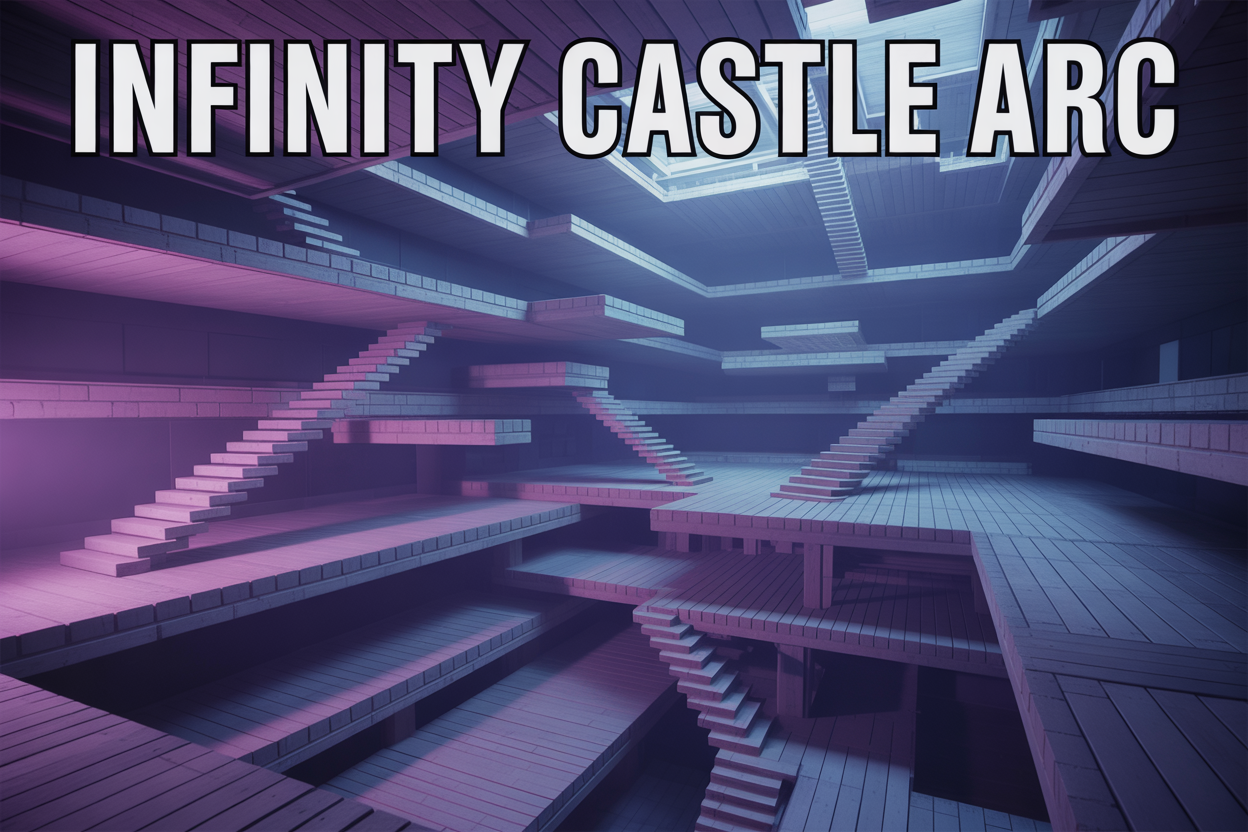Create a realistic image of the iconic Infinity Castle interior from Demon Slayer with its distinctive geometric architecture featuring shifting wooden platforms, rotating rooms, and infinite maze-like corridors, illuminated by ethereal purple and blue lighting, with floating wooden planks and staircases defying gravity, mysterious shadows cast throughout the surreal space, and the text "INFINITY CASTLE ARC" prominently displayed in bold Japanese-inspired font at the top of the image, capturing the ominous and supernatural atmosphere of this pivotal Demon Slayer storyline setting.