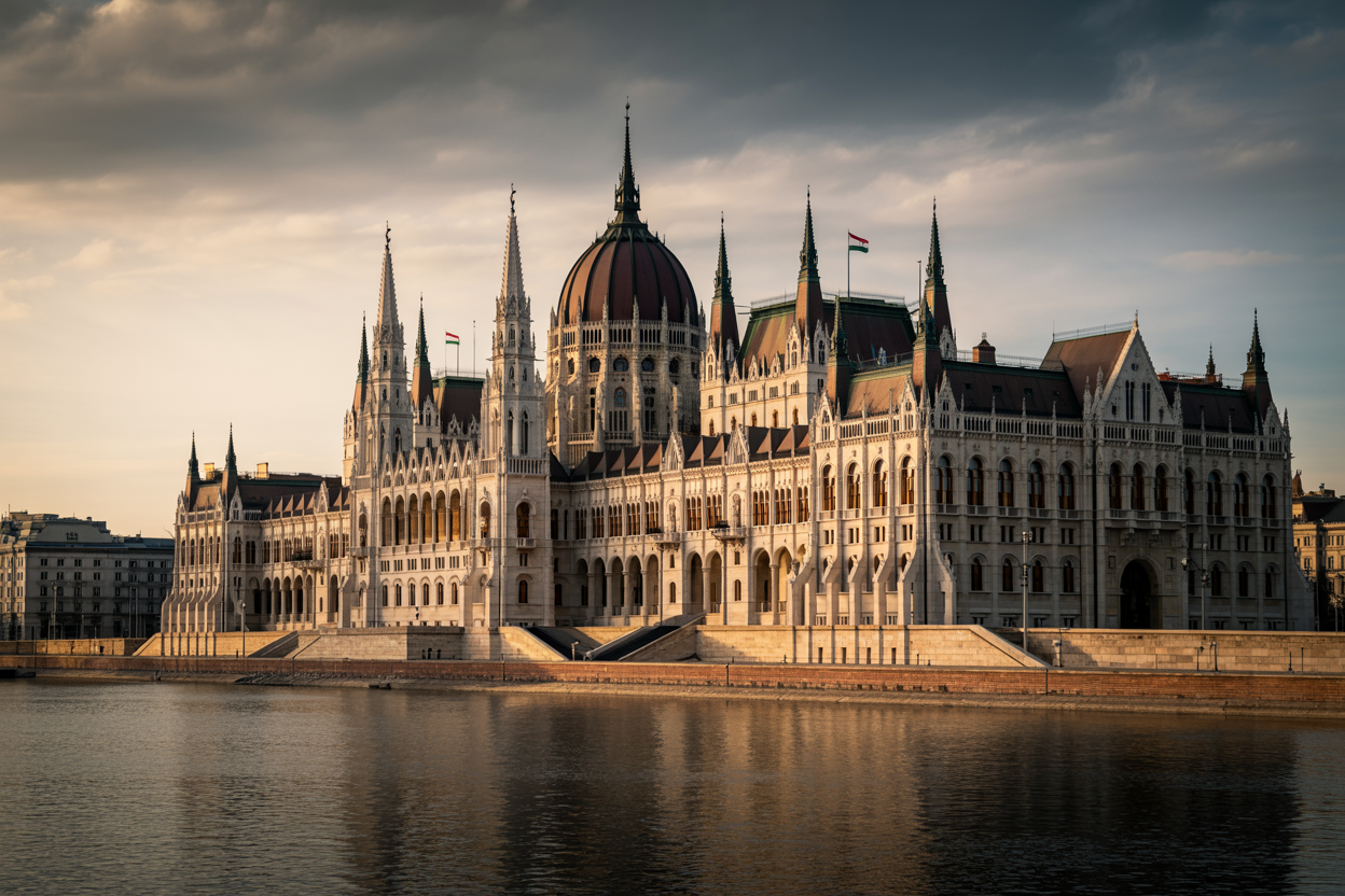 Create a realistic image of the Hungarian Parliament building in Budapest with the Hungarian flag prominently displayed, featuring a serious governmental atmosphere with official buildings in the background, dramatic lighting casting long shadows to convey the gravity of political decisions, and a somber mood that reflects the weight of legislative actions, with no people visible in the scene to focus on the institutional aspect. Absolutely NO text should be in the scene.