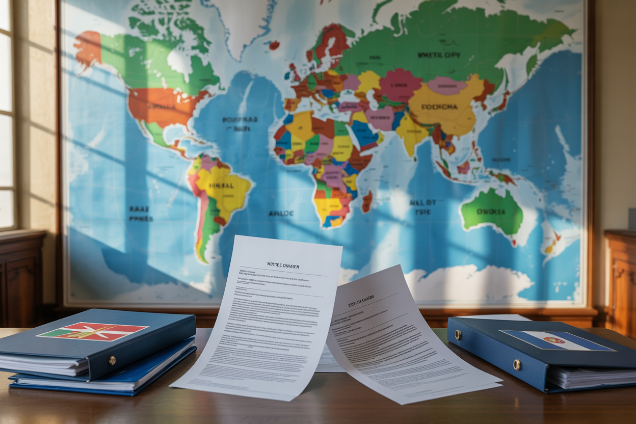 Create a realistic image of a world map displayed on a large wall with multiple countries highlighted in different colors, showing various policy approaches, with several official government documents and policy papers scattered on a wooden desk in the foreground, alongside folders marked with different country flags, in a professional government office setting with soft natural lighting from a window, creating a serious analytical atmosphere. Absolutely NO text should be in the scene.