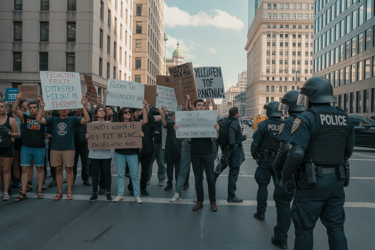 Create a realistic image of diverse protesters holding signs and banners at a peaceful demonstration, with police officers in riot gear standing nearby, set against the backdrop of a government building or courthouse, capturing the tension between civil liberties advocacy and law enforcement authority, with dramatic lighting emphasizing the contrast between the groups, absolutely NO text should be in the scene.