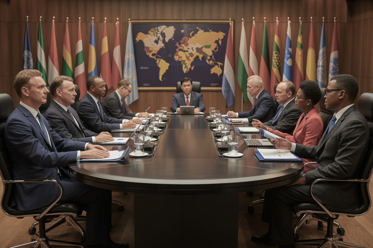 Create a realistic image of a modern international conference room with diplomatic officials from various countries seated around a large oval table, including white male and female representatives, black male and female delegates, and Asian officials, all in formal business attire, with flags of different nations displayed on stands in the background, documents and laptops on the polished wooden table surface, warm professional lighting illuminating the scene, conveying a serious discussion atmosphere about global security policies, with a world map visible on the wall behind the delegates, absolutely NO text should be in the scene.