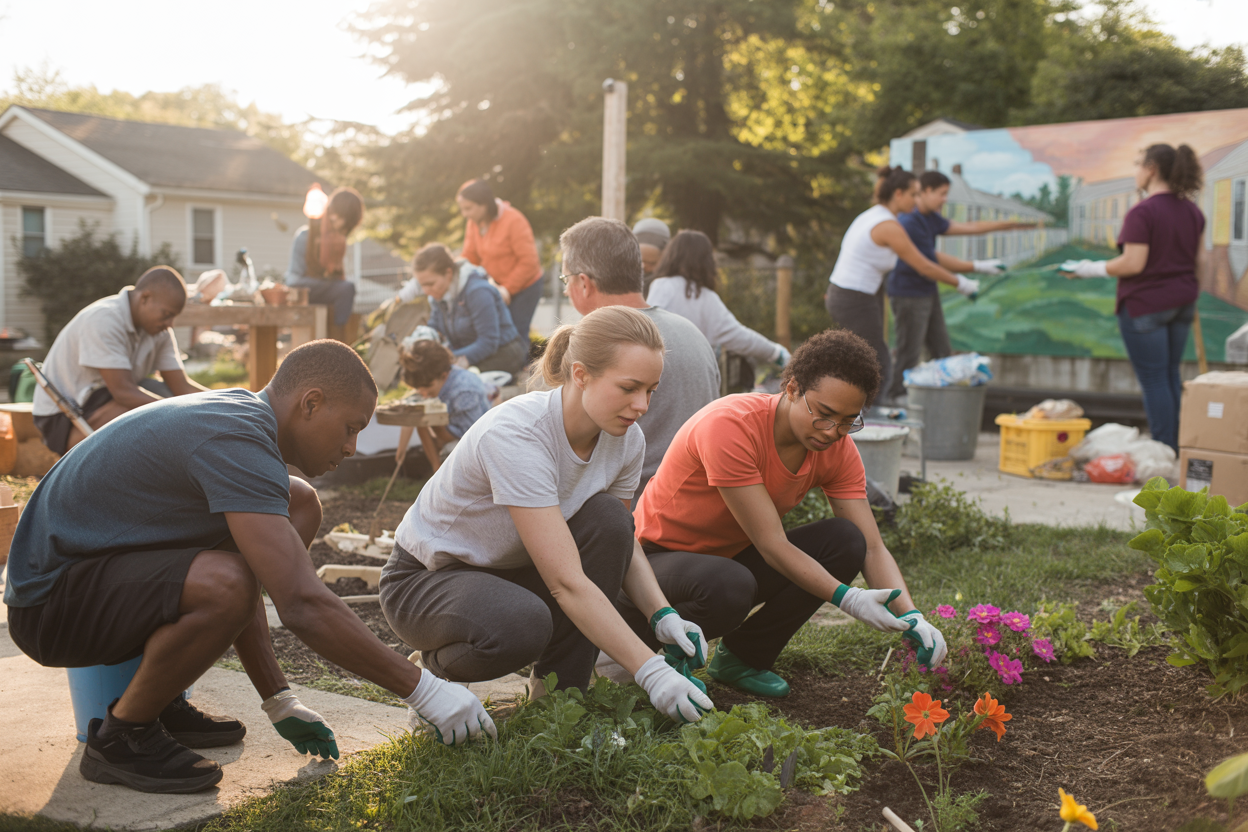 Create a realistic image of a diverse group of people including white, black, Hispanic, and Asian men and women of various ages working together in a neighborhood community garden, planting flowers and vegetables, cleaning up a local park area, and organizing donated food items, with some volunteers painting a community mural on a wall in the background, set during golden hour lighting with warm sunlight filtering through trees, creating an atmosphere of collaboration and community spirit, showing people actively engaged in improving their neighborhood through hands-on volunteer work, with community buildings and residential homes visible in the soft-focused background, absolutely NO text should be in the scene.
