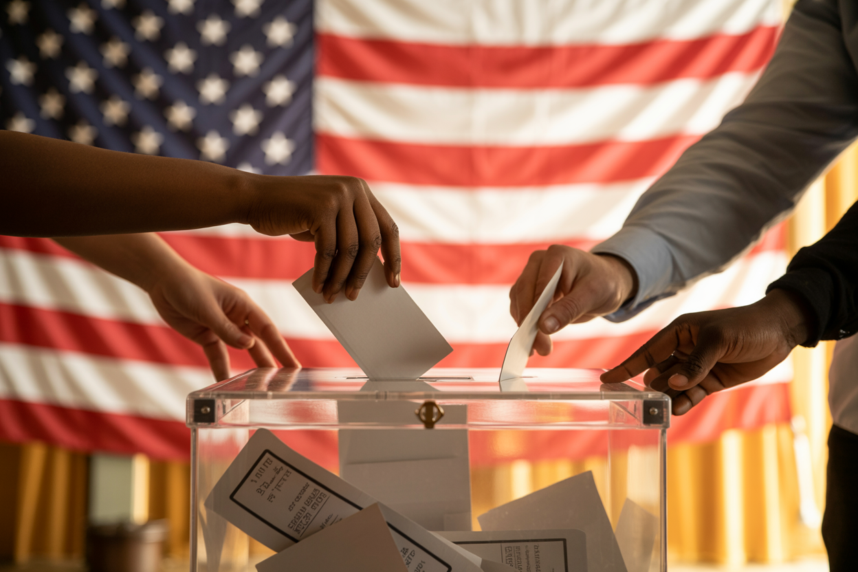 Create a realistic image of diverse hands from multiple people of different races and genders placing ballots into a transparent ballot box, with the American flag gently waving in the soft background, warm golden lighting illuminating the scene from the side, creating an inspiring and hopeful atmosphere that symbolizes unity and democratic participation, shot from a slightly elevated angle to show the collective action, with soft focus on the background elements while keeping the hands and ballot box in sharp detail, absolutely NO text should be in the scene.