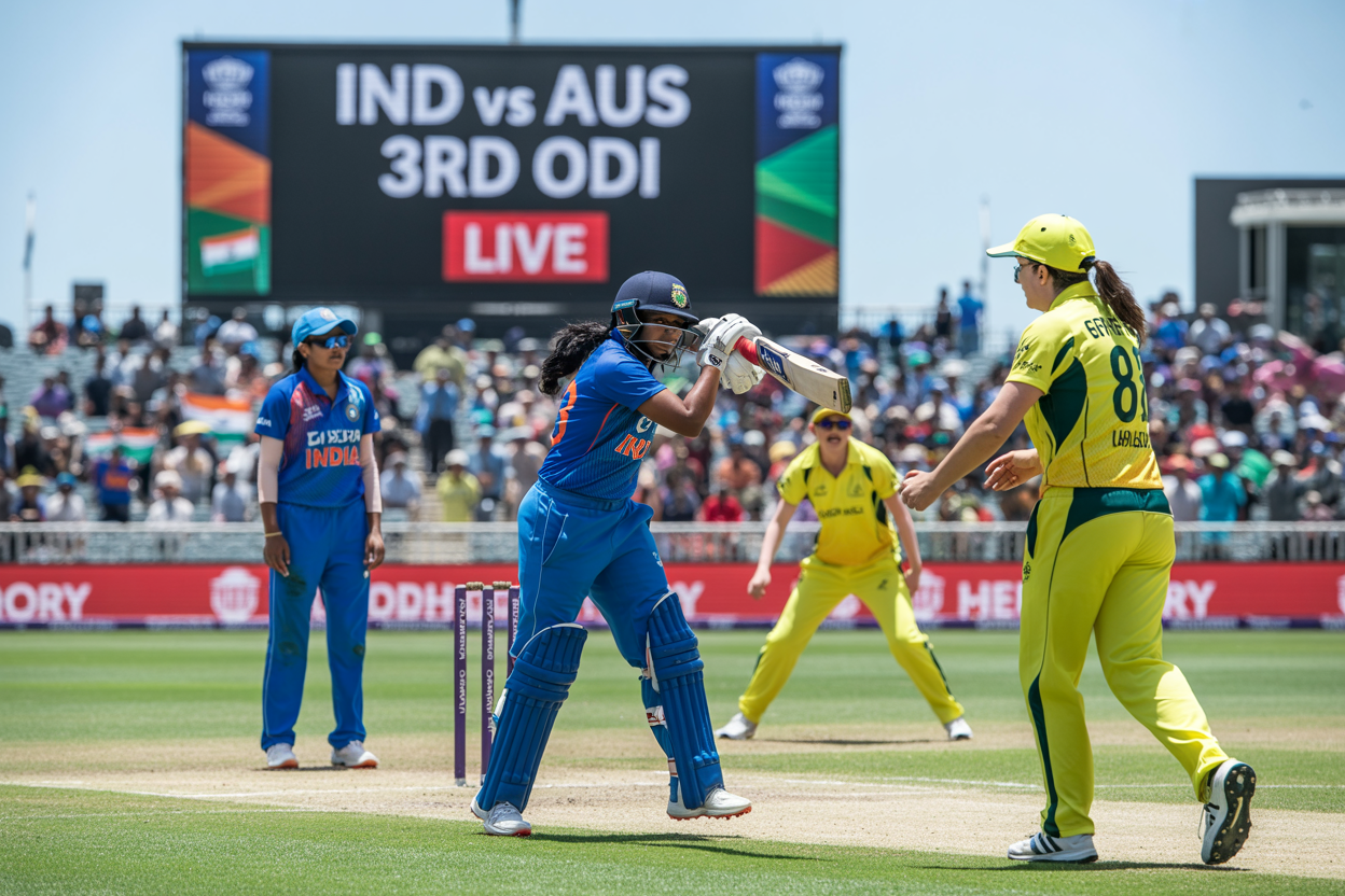 Create a realistic image of a modern cricket stadium during a women's ODI match between India and Australia, featuring female cricket players in action on the field - Indian women wearing blue uniforms and Australian women in yellow-green uniforms, with a large digital scoreboard displaying "IND vs AUS 3rd ODI LIVE" in the background, stadium filled with cheering spectators, bright daylight with clear blue sky, cricket action captured mid-play with a batter facing a bowler, professional sports photography style with vibrant colors and sharp details.