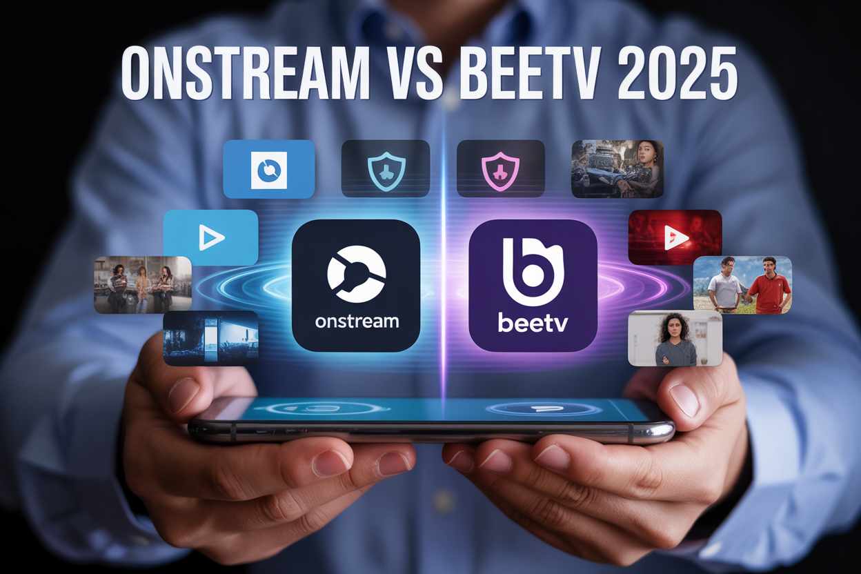 Create a realistic image of a modern smartphone held in hands displaying a split-screen comparison interface with two streaming app logos (one labeled "OnStream" and one labeled "BeeTV"), surrounded by floating digital icons representing video quality, security shields, play buttons, and streaming content thumbnails, against a dark gradient background with subtle blue and purple lighting effects, with the text "OnStream vs BeeTV 2025" prominently displayed at the top of the composition.