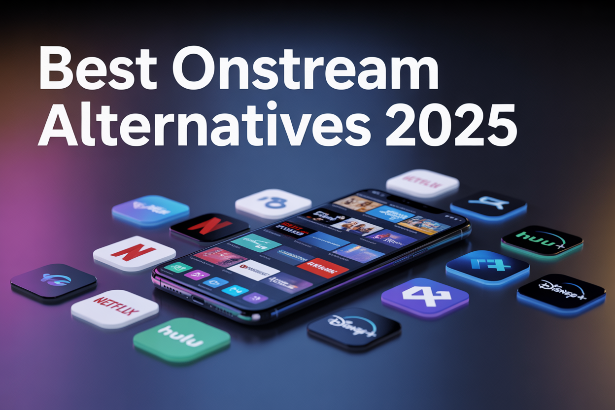Create a realistic image of a modern smartphone displaying multiple streaming app icons on its screen, surrounded by floating holographic-style app logos including Netflix, Hulu, Disney+, and other popular streaming services, set against a dark gradient background with subtle blue and purple lighting effects, with the text "Best OnStream Alternatives 2025" prominently displayed in clean white font at the top of the image, creating a tech-savvy and professional atmosphere that conveys digital entertainment and app comparison.