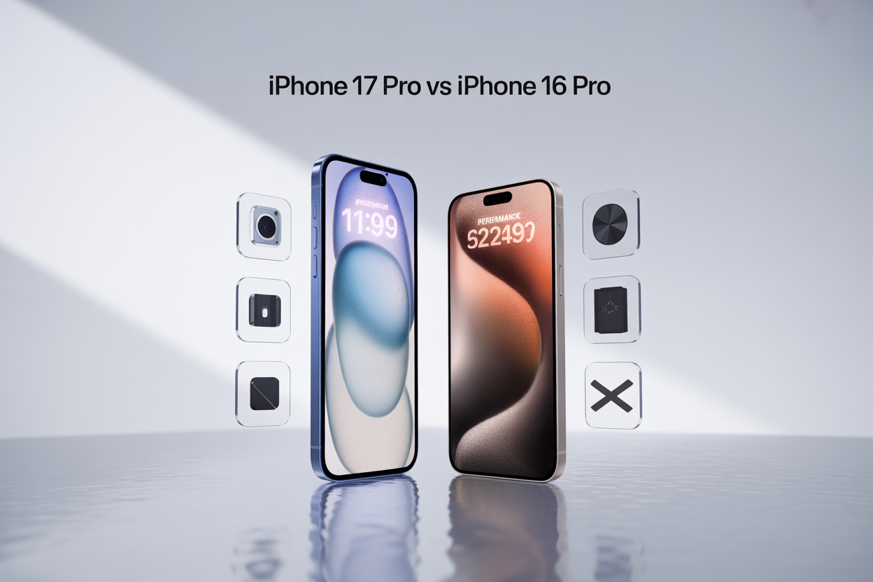 Create a realistic image of two premium smartphones positioned side by side on a sleek white surface against a clean gradient background, with the left phone displaying a vibrant camera interface and the right phone showing a performance benchmark screen, both devices featuring modern metallic finishes with subtle lighting that highlights their premium build quality, accompanied by floating transparent icons representing camera, processor chip, battery, and display elements around the phones, with the text "iPhone 17 Pro vs iPhone 16 Pro" elegantly displayed at the top in modern sans-serif font, and soft professional lighting creating gentle shadows beneath the devices.