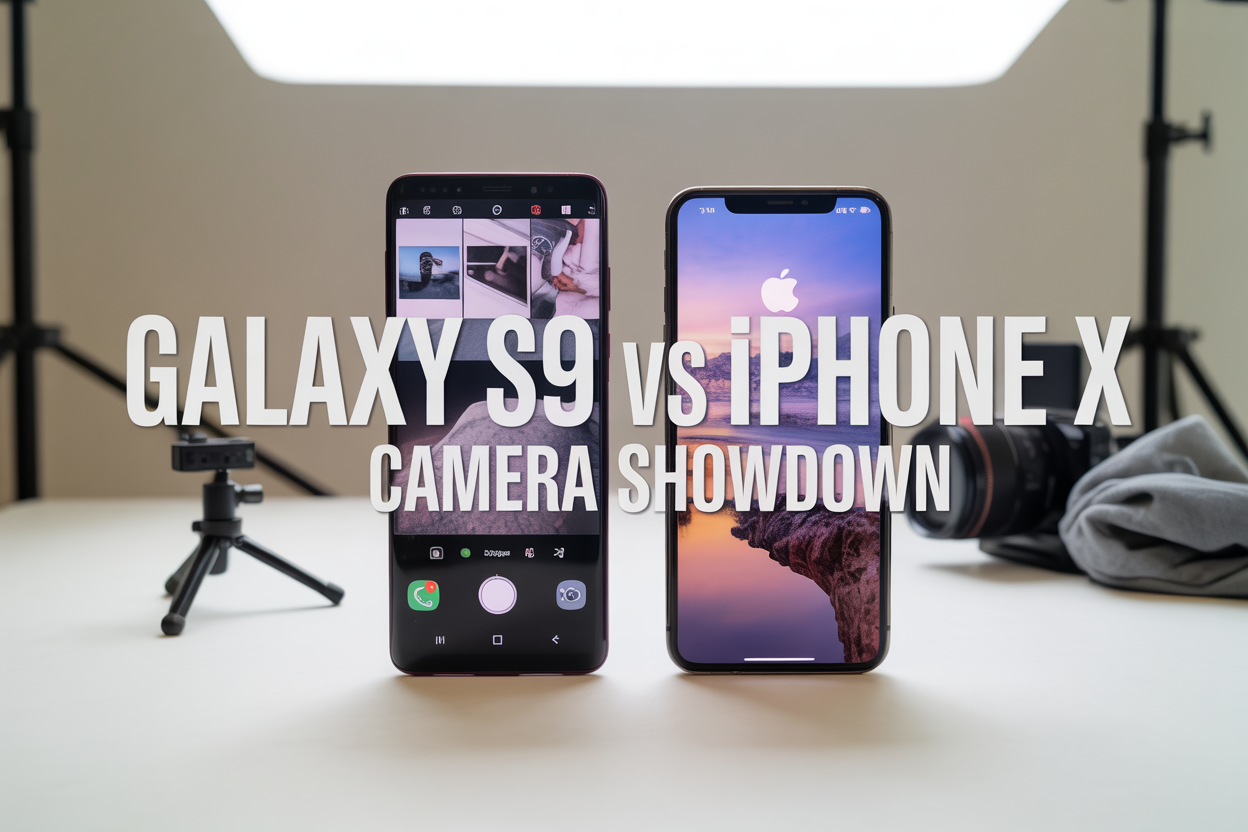 Create a realistic image of two smartphones side by side on a clean white surface - a Samsung Galaxy S9 on the left and an iPhone X on the right, both displaying their camera apps with different photo samples on their screens, surrounded by photography equipment like a small tripod and lens cloth, with soft studio lighting from above, and bold text overlay reading "Galaxy S9 vs iPhone X Camera Showdown" in modern sans-serif font.
