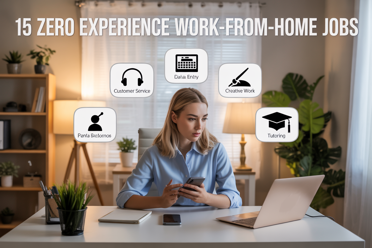 Create a realistic image of a diverse home office setup showing a white female sitting at a modern desk with a laptop, smartphone, and notepad, surrounded by floating icons representing different job types like headset for customer service, keyboard for data entry, paintbrush for creative work, and graduation cap for tutoring, with warm natural lighting from a window, plants in the background, and the text "15 Zero Experience Work-From-Home Jobs" prominently displayed at the top of the image in bold, professional font.