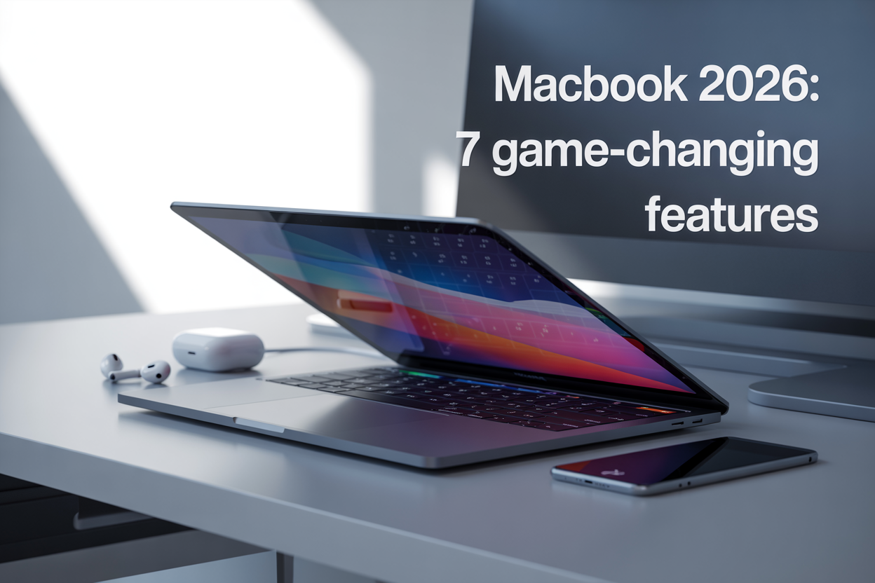 Create a realistic image of a sleek Apple MacBook Pro laptop open on a modern white desk, displaying a vibrant high-resolution screen with colorful graphics, positioned at a three-quarter angle to showcase the premium aluminum build quality, with soft natural lighting from the left side creating subtle reflections on the metallic surface, accompanied by wireless AirPods and an iPhone nearby suggesting ecosystem integration, with the text "MacBook 2026: 7 Game-Changing Features" elegantly overlaid in modern sans-serif font in the upper portion of the image, set against a clean minimalist background with subtle tech-inspired geometric elements.