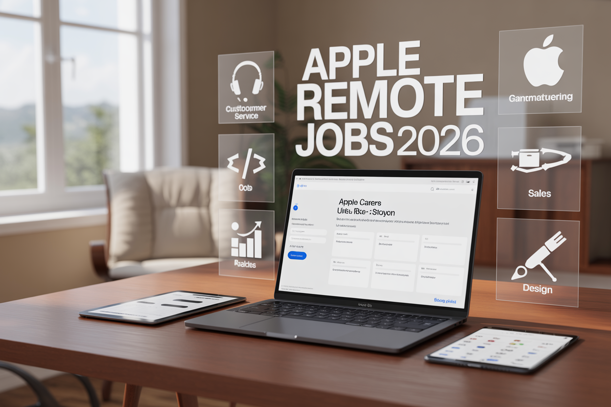 Create a realistic image of a modern home office setup with an Apple MacBook Pro open on a clean wooden desk, showing the Apple careers website on screen, with an iPhone and iPad nearby displaying job application interfaces, a comfortable ergonomic chair, soft natural lighting from a window, and floating holographic icons representing different job categories (headset for customer service, code brackets for engineering, chart for sales, paintbrush for design), with the text "Apple Remote Jobs 2026" prominently displayed in sleek modern font in the upper portion of the image, creating a professional and inspiring work-from-home atmosphere.