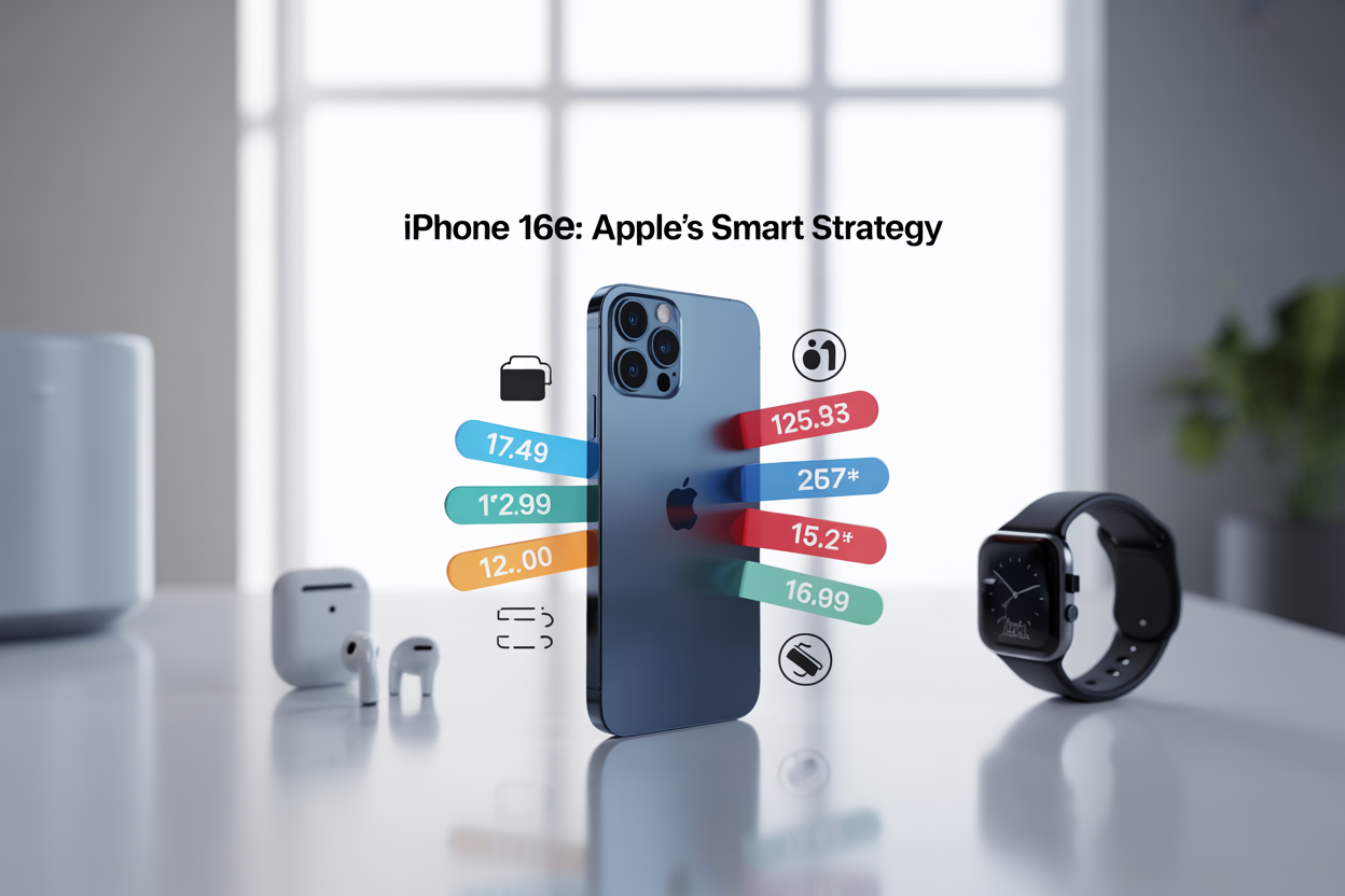 Create a realistic image of a sleek iPhone 16E smartphone positioned at a slight angle on a clean white surface, with strategic marketing elements around it including colorful price tags showing competitive pricing, small icons representing essential features (camera, battery, processor symbols), and subtle Apple ecosystem devices (AirPods, Apple Watch) in the soft-focused background, all under bright, professional studio lighting with a modern minimalist aesthetic, featuring the text "iPhone 16E: Apple's Smart Strategy" elegantly placed in the upper portion of the image.