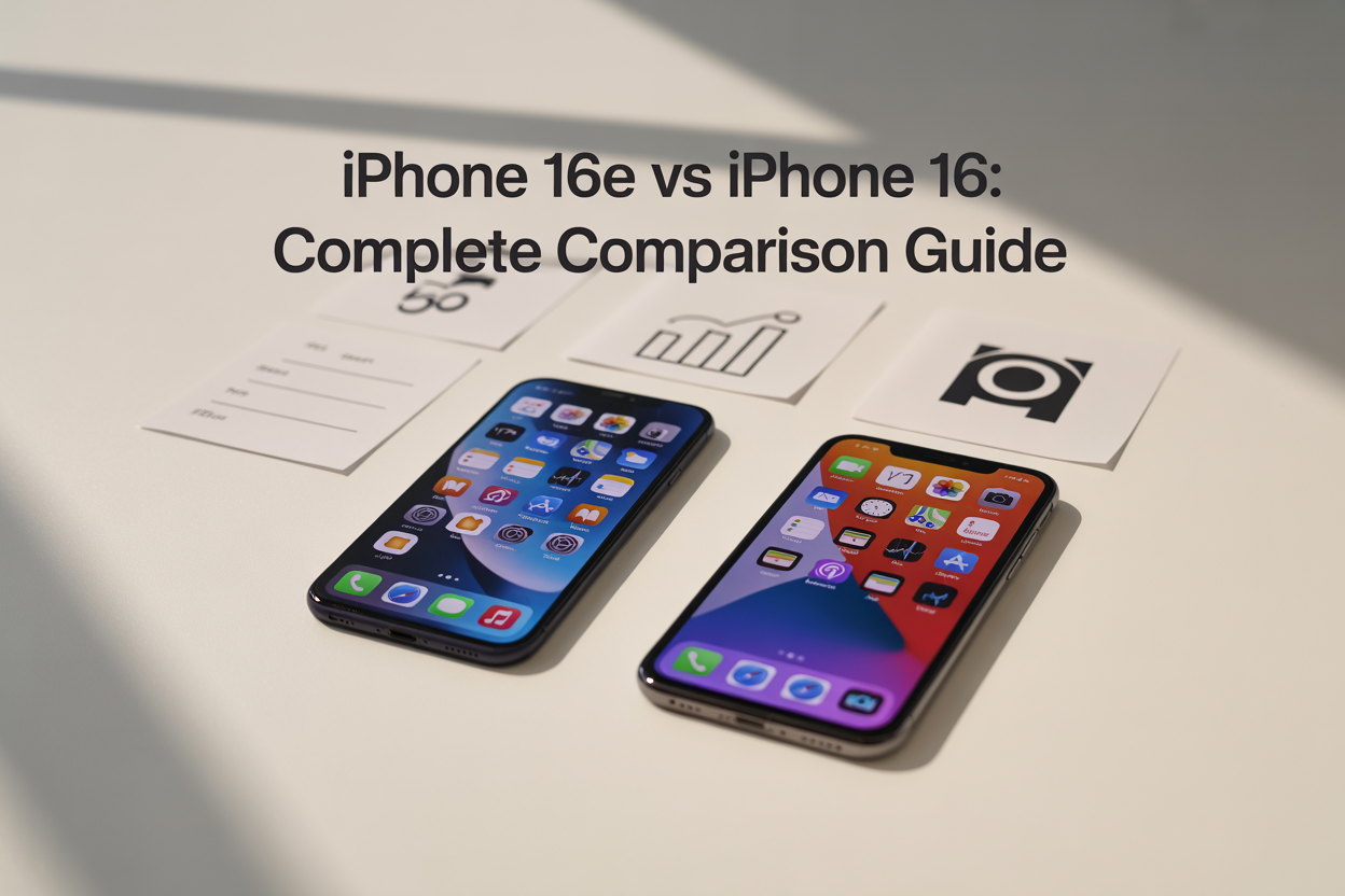 Create a realistic image of two smartphones side by side on a clean white surface, the left phone showing "iPhone 16E" on its screen and the right phone showing "iPhone 16" on its screen, both phones displaying their home screens with app icons visible, soft studio lighting from above creating subtle shadows, with the text "iPhone 16E vs iPhone 16: Complete Comparison Guide" overlaid in modern sans-serif font at the top of the image, and small comparison icons (price tag, performance chart, camera symbol) floating subtly in the background between the phones.