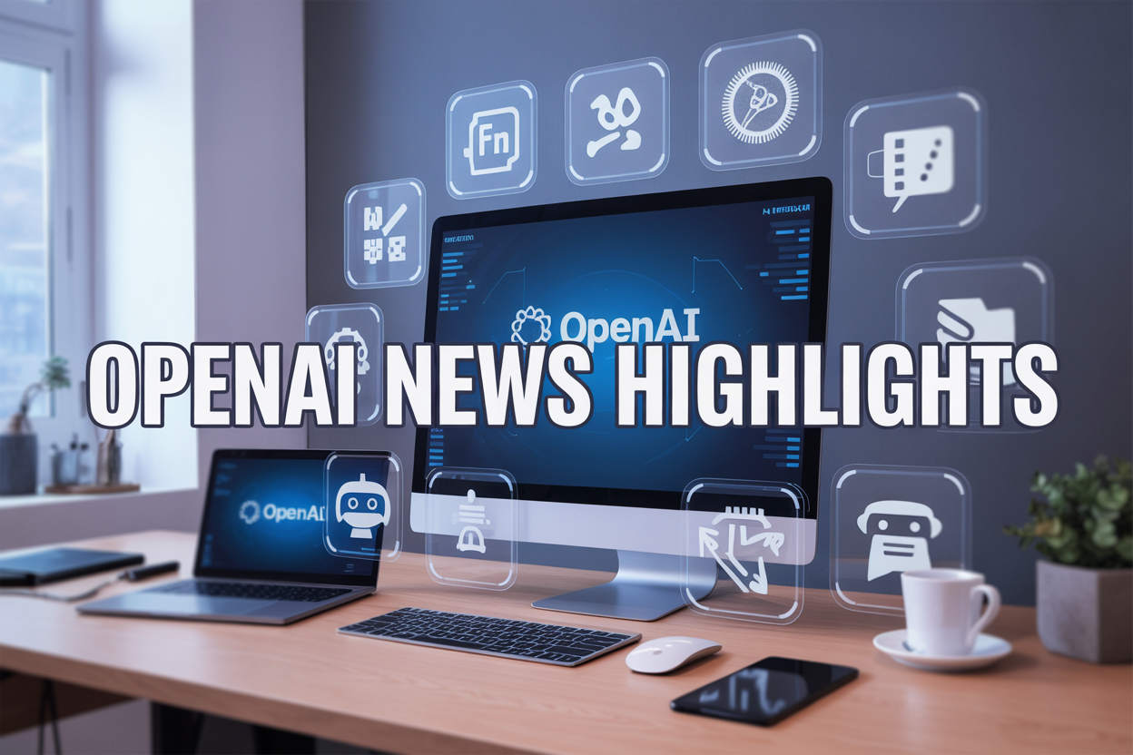 Create a realistic image of a modern tech workspace with a large computer monitor displaying the OpenAI logo and interface, surrounded by floating holographic icons representing AI features like chatbots, code symbols, and neural networks, with a clean white desk containing a laptop, smartphone, and coffee cup, soft blue and white lighting creating a professional atmosphere, and the text "OpenAI News Highlights" prominently displayed in bold modern font across the top of the image.