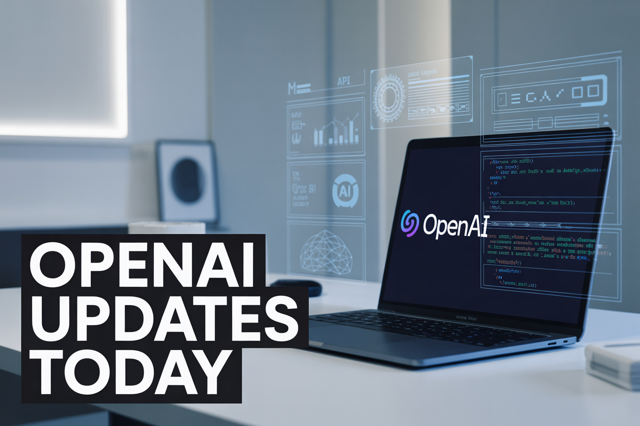 Create a realistic image of a modern tech workspace featuring a sleek laptop displaying OpenAI's logo and code interface on the screen, surrounded by floating holographic UI elements representing API connections, data charts, and AI model icons, with a clean minimalist background in blue and white tones, soft ambient lighting creating a professional atmosphere, and bold text overlay reading "OpenAI Updates Today" in modern sans-serif font.