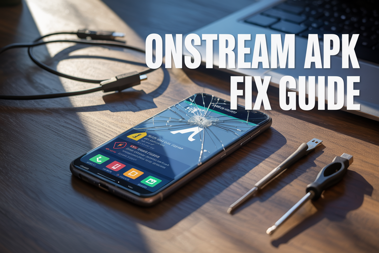 Create a realistic image of a smartphone with a cracked or glitching screen displaying the Onstream app interface with error symbols and warning icons, placed on a dark wooden desk surface next to scattered technical tools like a USB cable and small screwdriver, with soft dramatic lighting casting shadows from the left side, and bold white text overlay reading "Onstream APK Fix Guide" positioned in the upper portion of the image, creating a tech troubleshooting atmosphere with muted blue and gray color tones.