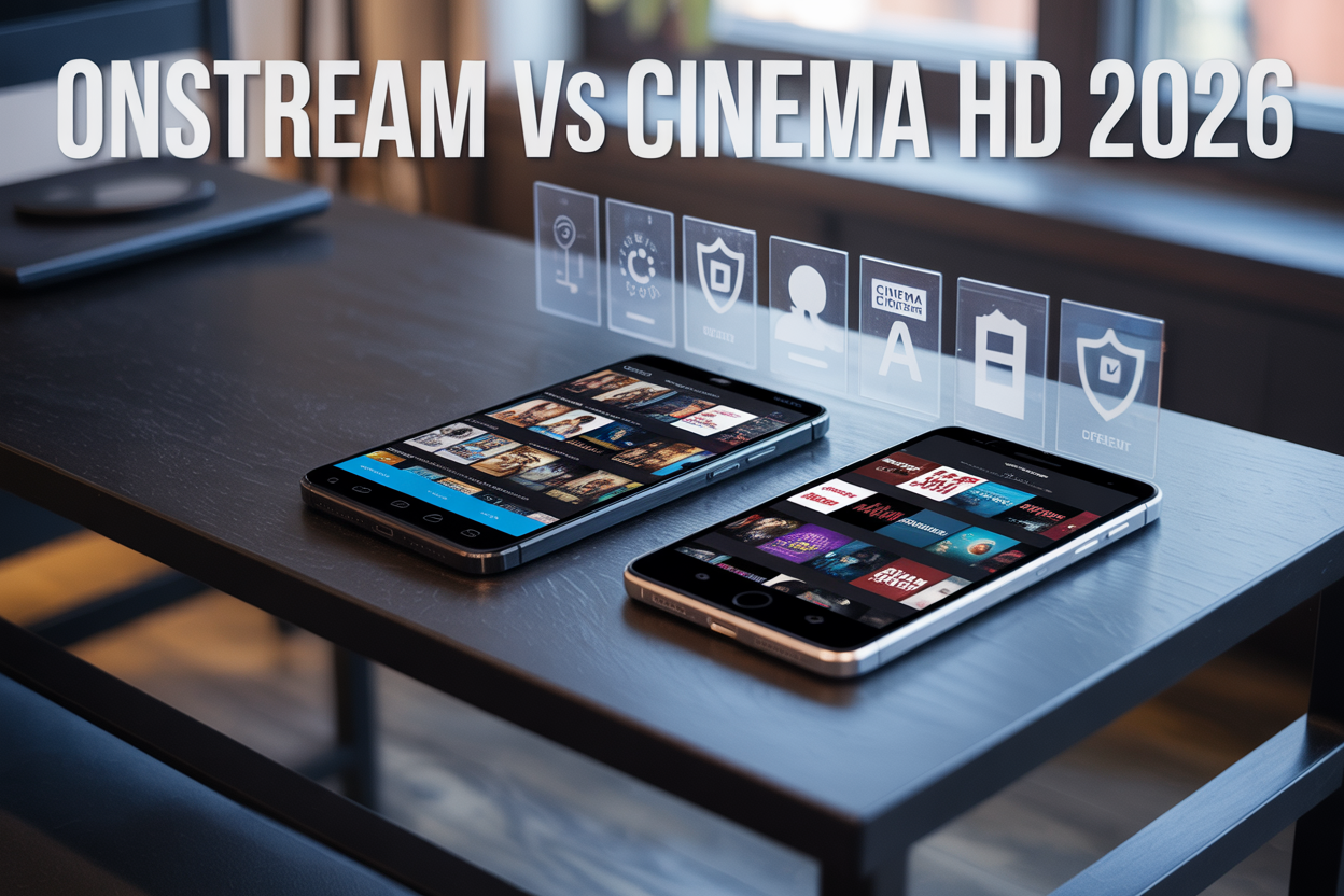 Create a realistic image of two modern smartphones or tablets displaying streaming app interfaces side by side on a sleek dark wooden desk, with the left device showing a vibrant "OnStream" app with crystal-clear movie thumbnails and the right device showing a "Cinema HD" interface that appears less polished, soft ambient lighting from a nearby window creating gentle shadows, with floating digital icons representing streaming quality, security shields, and content variety hovering above the devices, and bold text overlay reading "OnStream vs Cinema HD 2026" in modern white font at the top of the image.