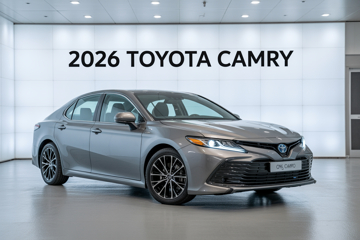 Create a realistic image of a sleek 2026 Toyota Camry sedan in metallic silver positioned at a three-quarter front angle in a modern showroom with bright LED lighting, featuring the car's redesigned front grille, updated headlights, and aerodynamic body lines, with a subtle "HYBRID" badge visible on the rear, set against a clean white showroom background with soft reflective flooring, and include the text "2026 Toyota Camry" prominently displayed in the upper portion of the image.