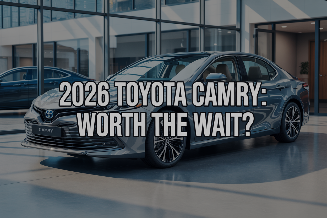 Create a realistic image of a sleek 2026 Toyota Camry sedan in metallic silver positioned at a three-quarter front angle in a modern automotive showroom with polished concrete floors and large glass windows, featuring subtle futuristic design elements on the car's exterior, soft professional lighting highlighting the vehicle's curves and details, with the text "2026 Toyota Camry: Worth the Wait?" displayed prominently in bold modern font overlay, and a subtle background showing blurred silhouettes of other vehicles to emphasize the showroom setting.