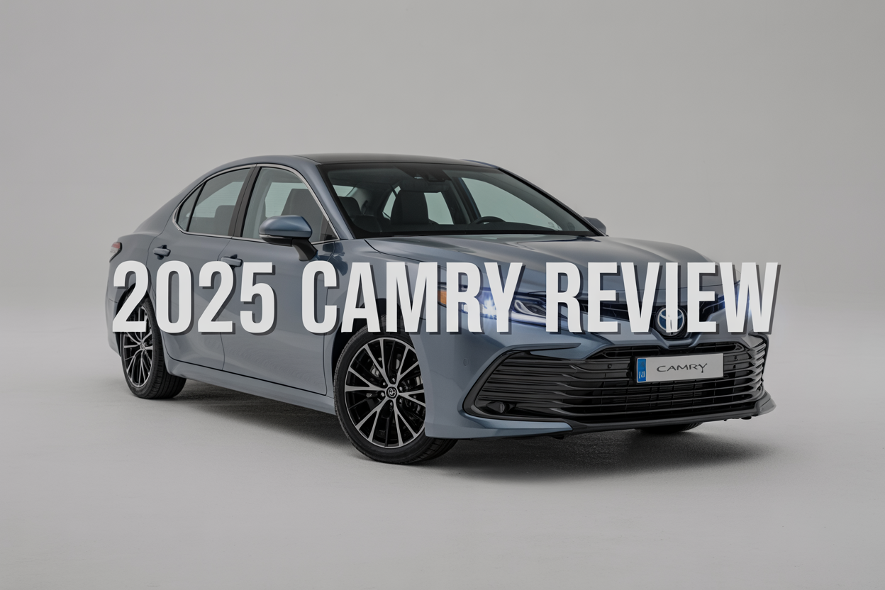 Create a realistic image of a sleek 2025 Toyota Camry sedan in metallic silver positioned at a three-quarter front angle on a clean white studio background with professional automotive lighting, showcasing the car's modern exterior design, LED headlights, and distinctive grille, with the text "2025 CAMRY REVIEW" prominently displayed in bold modern font across the top portion of the image, and subtle highlights reflecting off the car's polished surface to emphasize its premium build quality and contemporary styling.