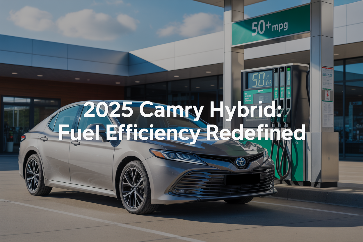 Create a realistic image of a sleek 2025 Toyota Camry Hybrid in pearl white parked at a modern gas station with digital fuel economy display showing "50+ MPG" prominently featured, surrounded by clean contemporary architecture, bright daylight with soft shadows, featuring the text "2025 Camry Hybrid: Fuel Efficiency Redefined" overlaid in modern sans-serif font, with subtle green accent elements suggesting eco-friendliness and hybrid technology integration.