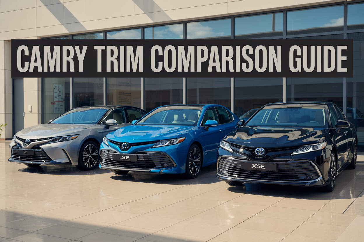 Create a realistic image of three 2025 Toyota Camry sedans parked side by side in a modern dealership showroom, each representing a different trim level - LE in silver on the left, SE in blue in the center, and XSE in black on the right, with bright LED showroom lighting highlighting their distinct design differences, glossy showroom floor reflecting the vehicles, large windows in the background showing natural daylight, and bold text overlay reading "Camry Trim Comparison Guide" positioned prominently in the upper portion of the image.