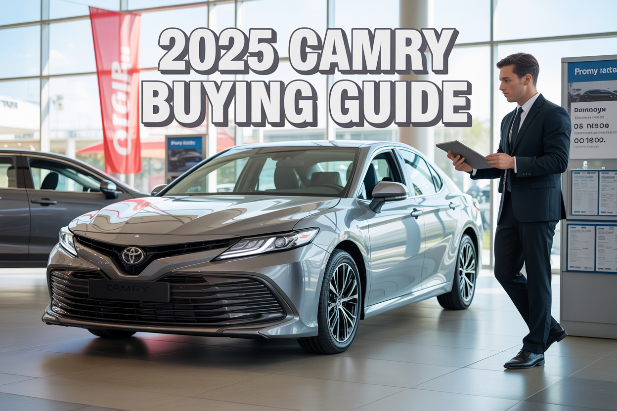 Create a realistic image of a sleek silver 2025 Toyota Camry positioned prominently in a modern car dealership showroom with bright, clean lighting, featuring a white male salesperson in a professional suit standing beside the vehicle holding a tablet, with price tags and promotional banners visible in the background, and bold text overlay reading "2025 Camry Buying Guide" in the upper portion of the image, conveying a professional car shopping atmosphere with polished floors reflecting the vehicle's exterior.