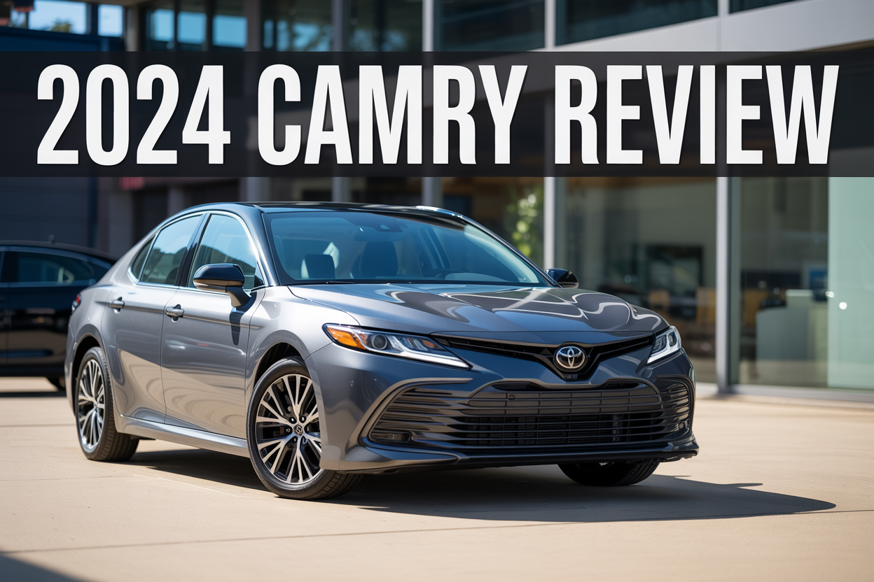 Create a realistic image of a sleek 2024 Toyota Camry in metallic silver parked at a three-quarter front angle on a clean modern showroom floor with bright professional lighting, featuring the car's distinctive front grille and LED headlights prominently, with a subtle blurred automotive dealership background, clean contemporary atmosphere, and bold text overlay reading "2024 CAMRY REVIEW" in modern sans-serif font positioned in the upper portion of the image.
