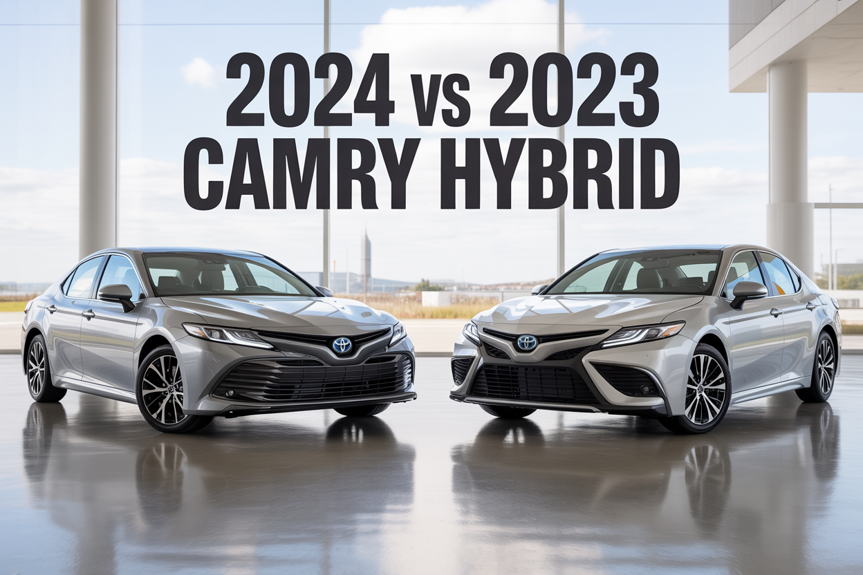 Create a realistic image of a side-by-side comparison showing a 2024 Toyota Camry Hybrid in silver on the left and a 2023 Toyota Camry Hybrid in white on the right, both positioned at a slight three-quarter front angle in a modern car showroom with bright, clean lighting, polished concrete floors, and large windows in the background, with the text "2024 vs 2023 Camry Hybrid" displayed prominently in bold, modern font at the top center of the image, creating a professional automotive comparison scene that highlights the visual differences between the model years.