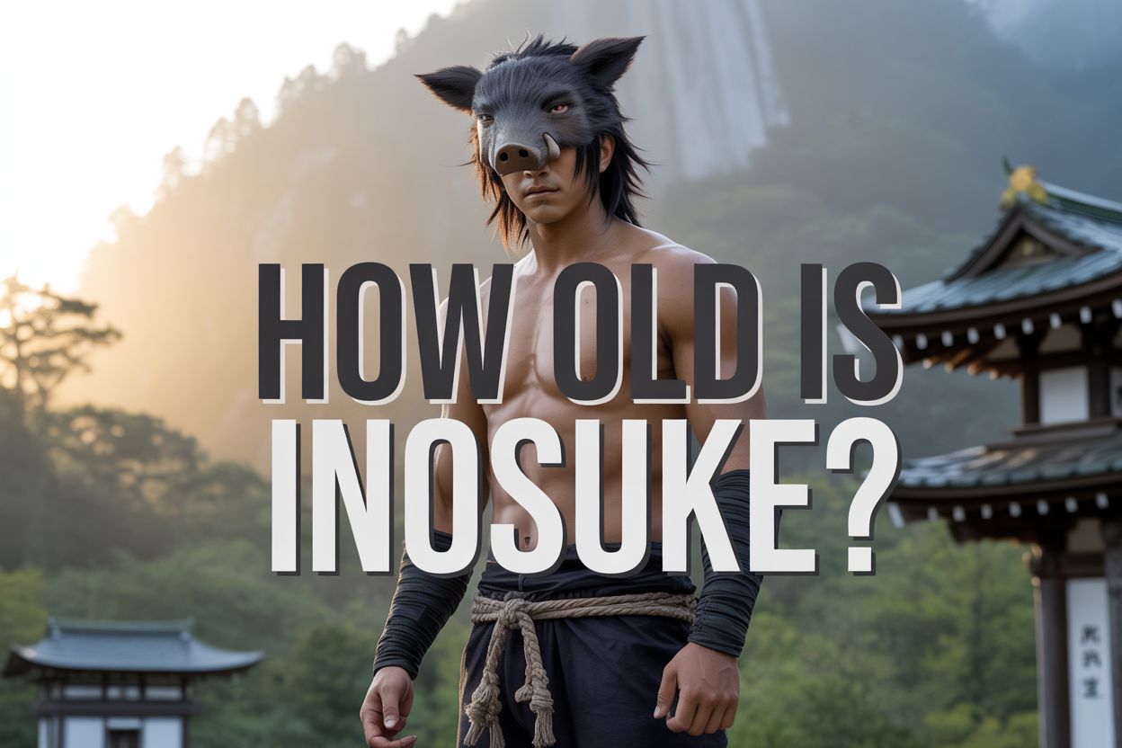 Create a realistic image of Inosuke Hashibira, a young Japanese male anime character with long black hair and a muscular build, wearing his signature boar head mask and tattered pants, standing in a dramatic pose against a misty mountain forest background with ancient Japanese temple elements visible, soft golden sunlight filtering through trees, with bold text overlay reading "How Old is Inosuke?" in modern typography, conveying a sense of mystery and adventure.