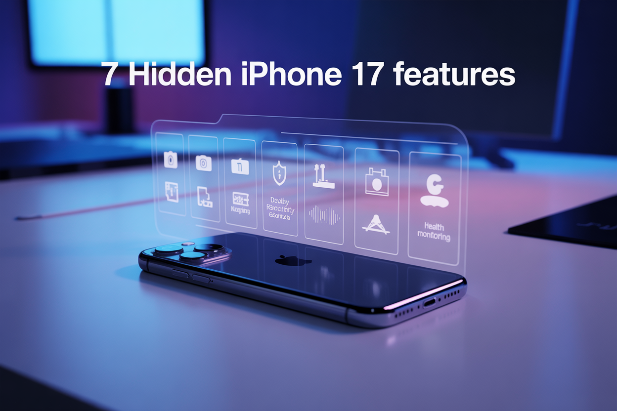 Create a realistic image of a sleek iPhone 17 positioned at a slight angle on a modern white desk surface, with subtle holographic-style interface elements floating above the screen showing icons for camera, battery, security shield, productivity tools, display settings, audio waves, and health monitoring, soft blue and purple gradient lighting in the background creating a tech-forward atmosphere, with the text "7 Hidden iPhone 17 Features" elegantly overlaid in modern sans-serif font at the top of the image.