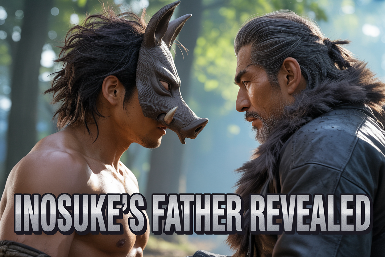 Create a realistic image of a dramatic anime-style scene featuring two Japanese male characters - a young muscular man with wild black hair wearing a boar mask (Inosuke) facing a mysterious older Japanese male figure shrouded in shadows representing his unknown father, set against a moody forest background with dappled sunlight filtering through trees, conveying themes of family mystery and discovery, with the text "Inosuke's Father Revealed" prominently displayed in bold anime-style lettering.