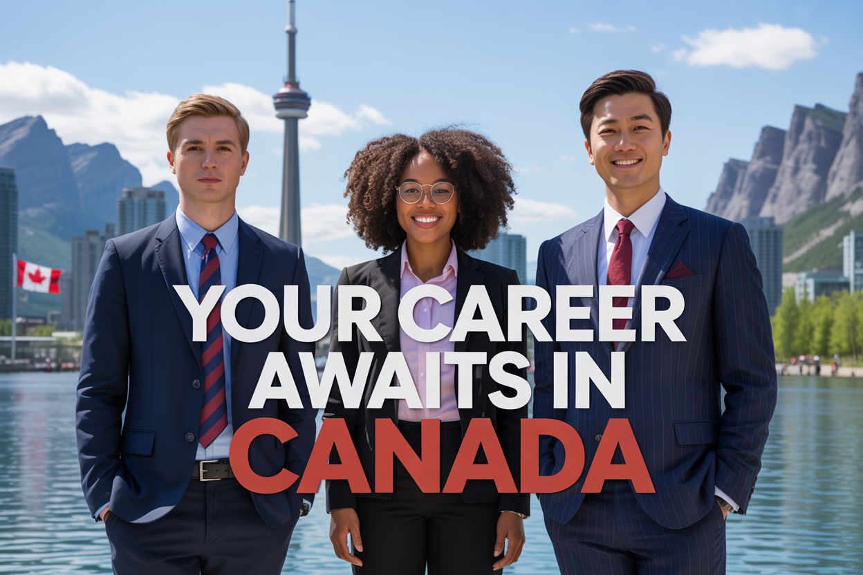 Create a realistic image of a diverse group of three professionals - one white male, one black female, and one Asian male - standing confidently in business attire against a backdrop featuring iconic Canadian landmarks including the CN Tower and mountain ranges, with the Canadian flag subtly visible in the background, bright daylight with clear blue skies creating an optimistic and welcoming atmosphere, with the text "Your Career Awaits in Canada" prominently displayed in modern, professional typography overlay.