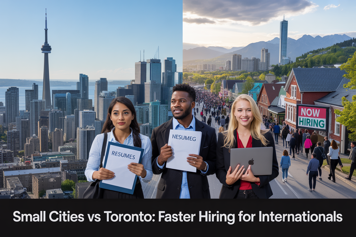 Create a realistic image of a split-screen composition showing a bustling Toronto cityscape with CN Tower and skyscrapers on the left side versus a charming small Canadian city with low-rise buildings and mountains in the background on the right side, featuring a diverse group of international job seekers including a South Asian female, Black male, and white female holding resumes and laptops, with the small city side showing more welcoming "Now Hiring" signs and the Toronto side showing crowded job fair scenes, under bright daylight with the text "Small Cities vs Toronto: Faster Hiring for Internationals" overlaid at the bottom.